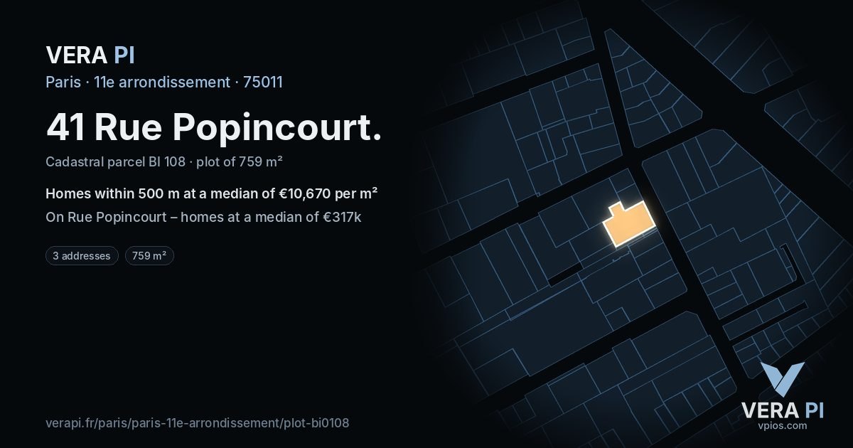 41 Rue Popincourt, 11e arrondissement at night – the plot lit, the parcels around coloured by the prices near them