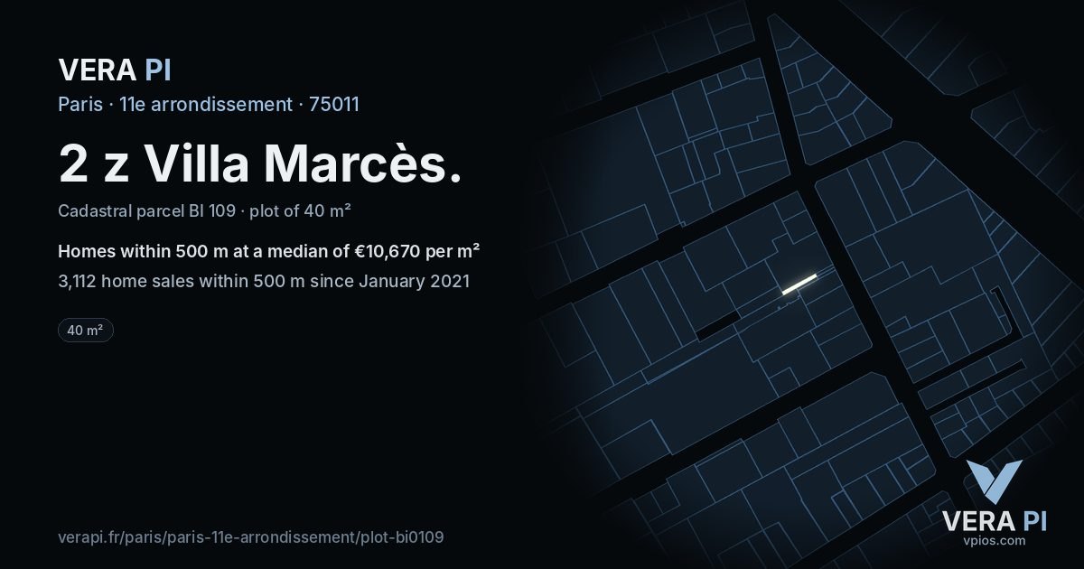 2 z Villa Marcès, 11e arrondissement at night – the plot lit, the parcels around coloured by the prices near them