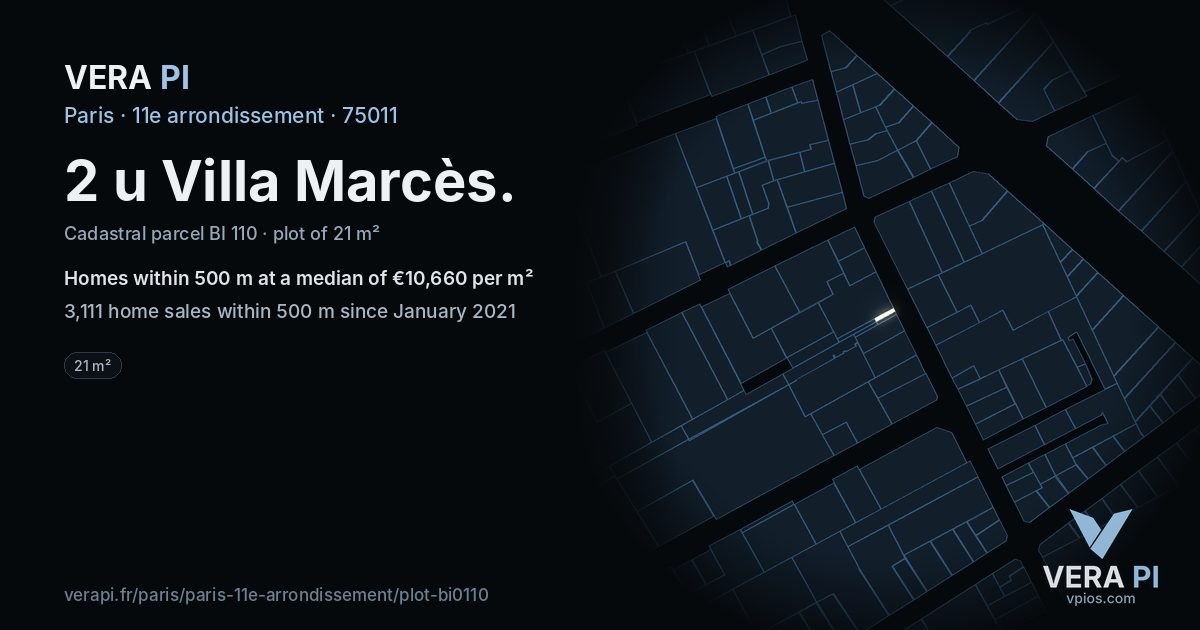 2 u Villa Marcès, 11e arrondissement at night – the plot lit, the parcels around coloured by the prices near them
