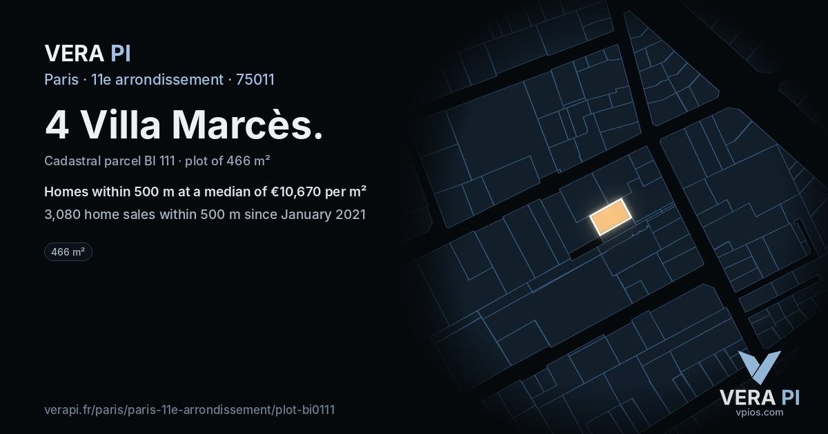 4 Villa Marcès, 11e arrondissement at night – the plot lit, the parcels around coloured by the prices near them
