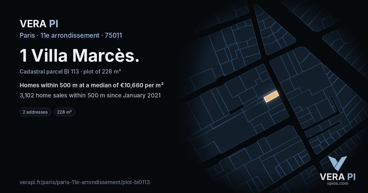 1 Villa Marcès, 11e arrondissement at night – the plot lit, the parcels around coloured by the prices near them