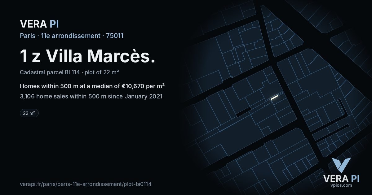 1 z Villa Marcès, 11e arrondissement at night – the plot lit, the parcels around coloured by the prices near them