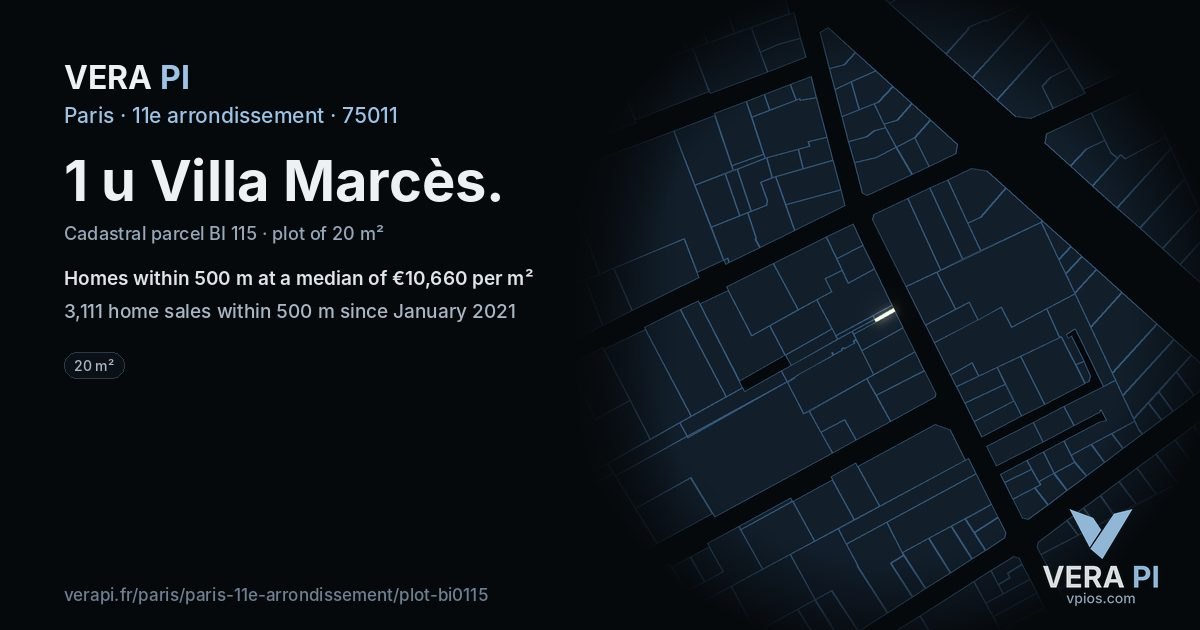 1 u Villa Marcès, 11e arrondissement at night – the plot lit, the parcels around coloured by the prices near them