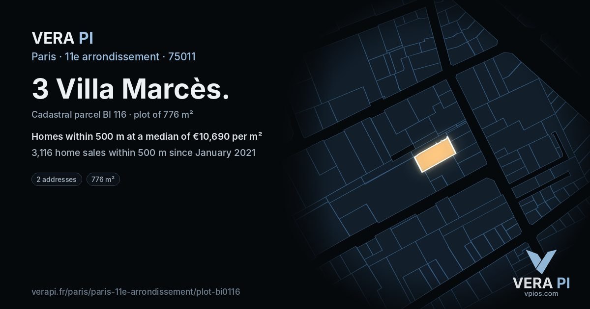 3 Villa Marcès, 11e arrondissement at night – the plot lit, the parcels around coloured by the prices near them
