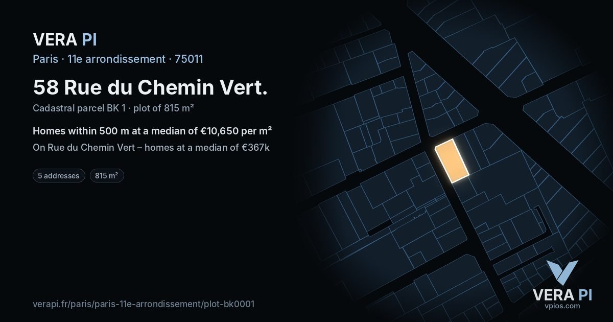 58 Rue du Chemin Vert, 11e arrondissement at night – the plot lit, the parcels around coloured by the prices near them