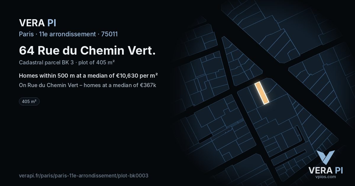 64 Rue du Chemin Vert, 11e arrondissement at night – the plot lit, the parcels around coloured by the prices near them