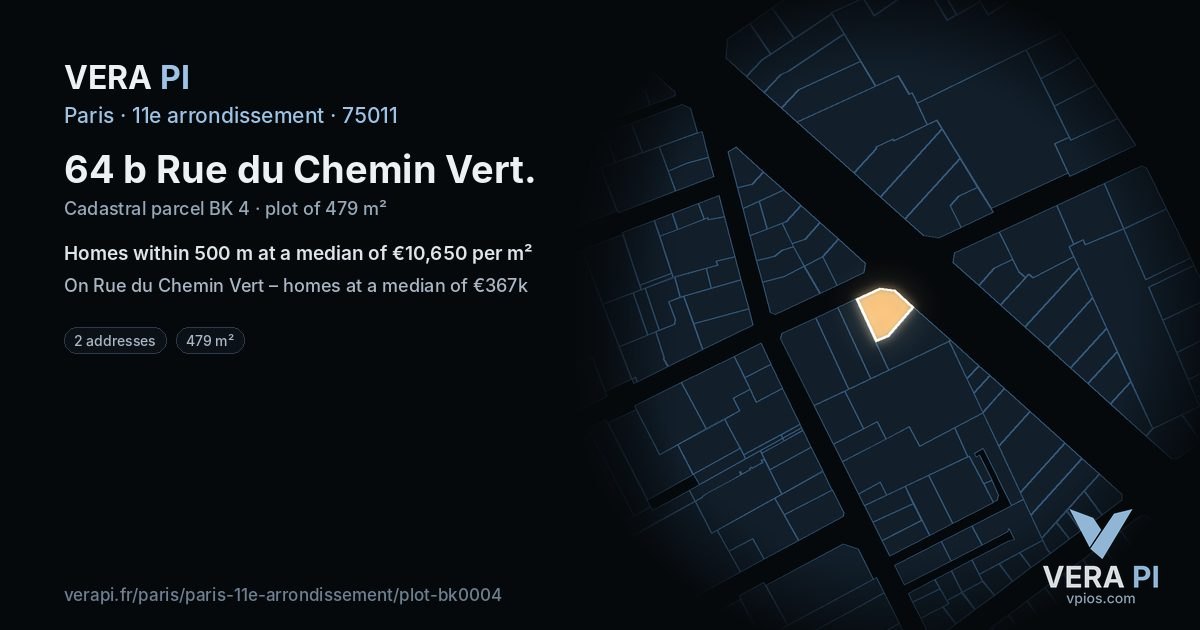 64 b Rue du Chemin Vert, 11e arrondissement at night – the plot lit, the parcels around coloured by the prices near them