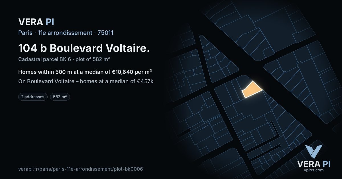 104 b Boulevard Voltaire, 11e arrondissement at night – the plot lit, the parcels around coloured by the prices near them