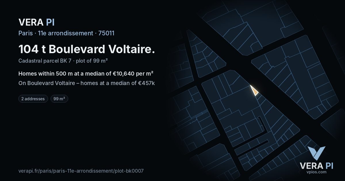104 t Boulevard Voltaire, 11e arrondissement at night – the plot lit, the parcels around coloured by the prices near them