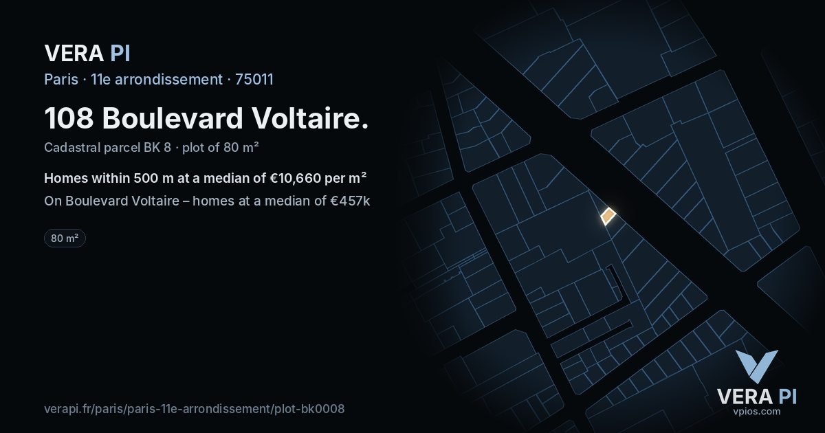 108 Boulevard Voltaire, 11e arrondissement at night – the plot lit, the parcels around coloured by the prices near them