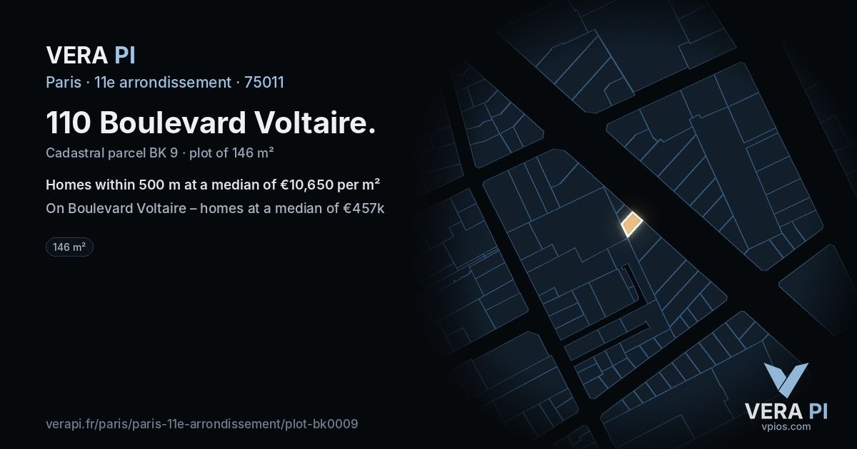110 Boulevard Voltaire, 11e arrondissement at night – the plot lit, the parcels around coloured by the prices near them