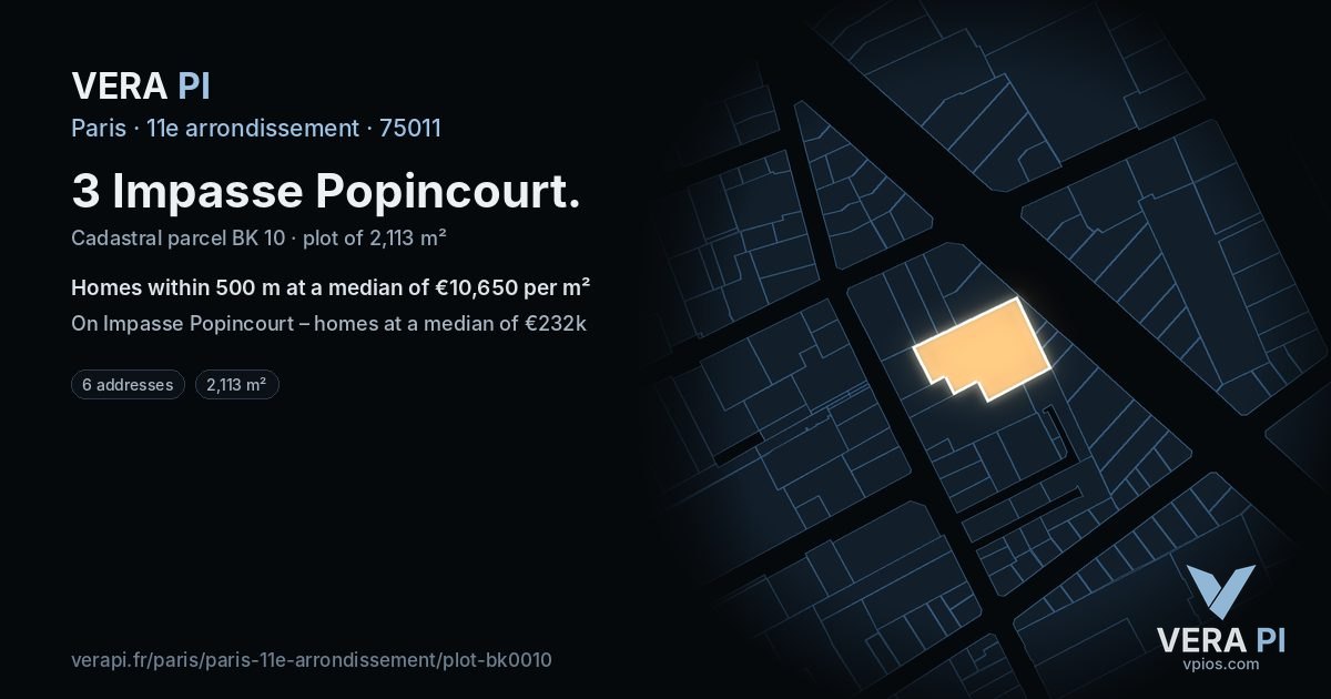3 Impasse Popincourt, 11e arrondissement at night – the plot lit, the parcels around coloured by the prices near them