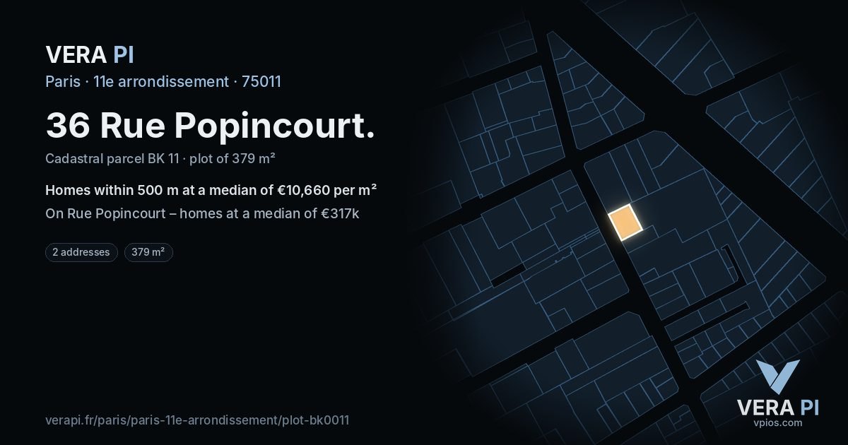 36 Rue Popincourt, 11e arrondissement at night – the plot lit, the parcels around coloured by the prices near them