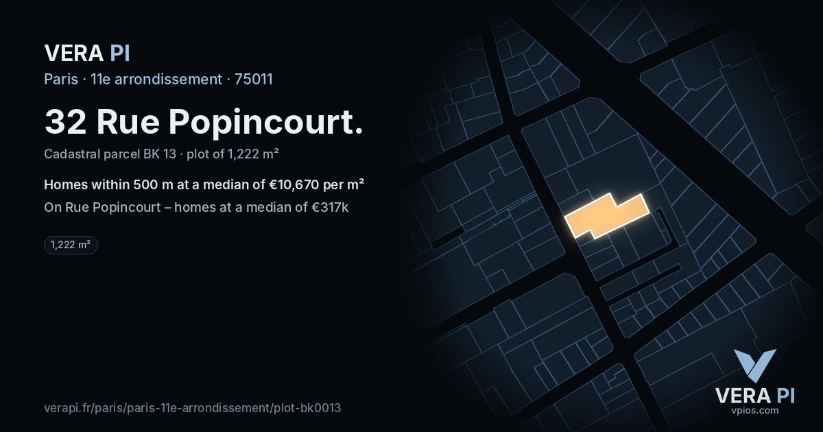 32 Rue Popincourt, 11e arrondissement at night – the plot lit, the parcels around coloured by the prices near them