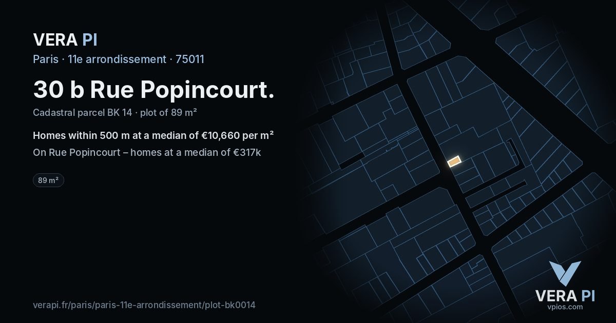 30 b Rue Popincourt, 11e arrondissement at night – the plot lit, the parcels around coloured by the prices near them