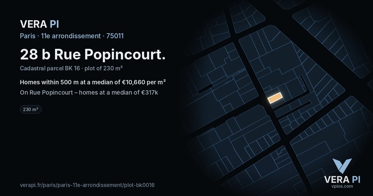 28 b Rue Popincourt, 11e arrondissement at night – the plot lit, the parcels around coloured by the prices near them