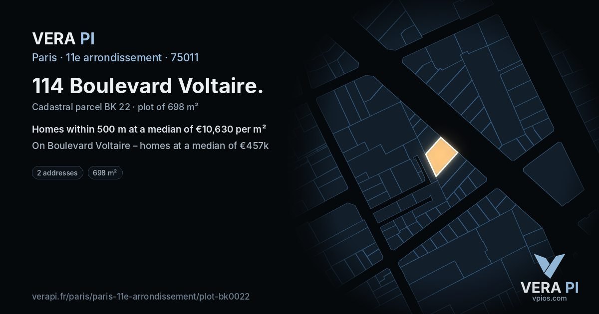 114 Boulevard Voltaire, 11e arrondissement at night – the plot lit, the parcels around coloured by the prices near them