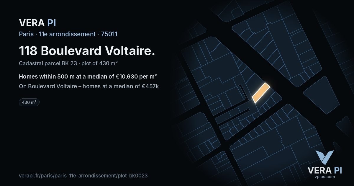 118 Boulevard Voltaire, 11e arrondissement at night – the plot lit, the parcels around coloured by the prices near them