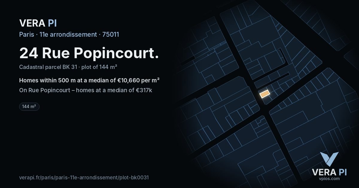 24 Rue Popincourt, 11e arrondissement at night – the plot lit, the parcels around coloured by the prices near them