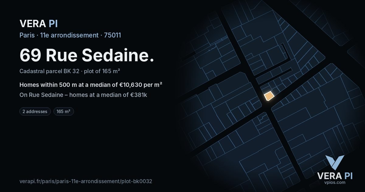 69 Rue Sedaine, 11e arrondissement at night – the plot lit, the parcels around coloured by the prices near them