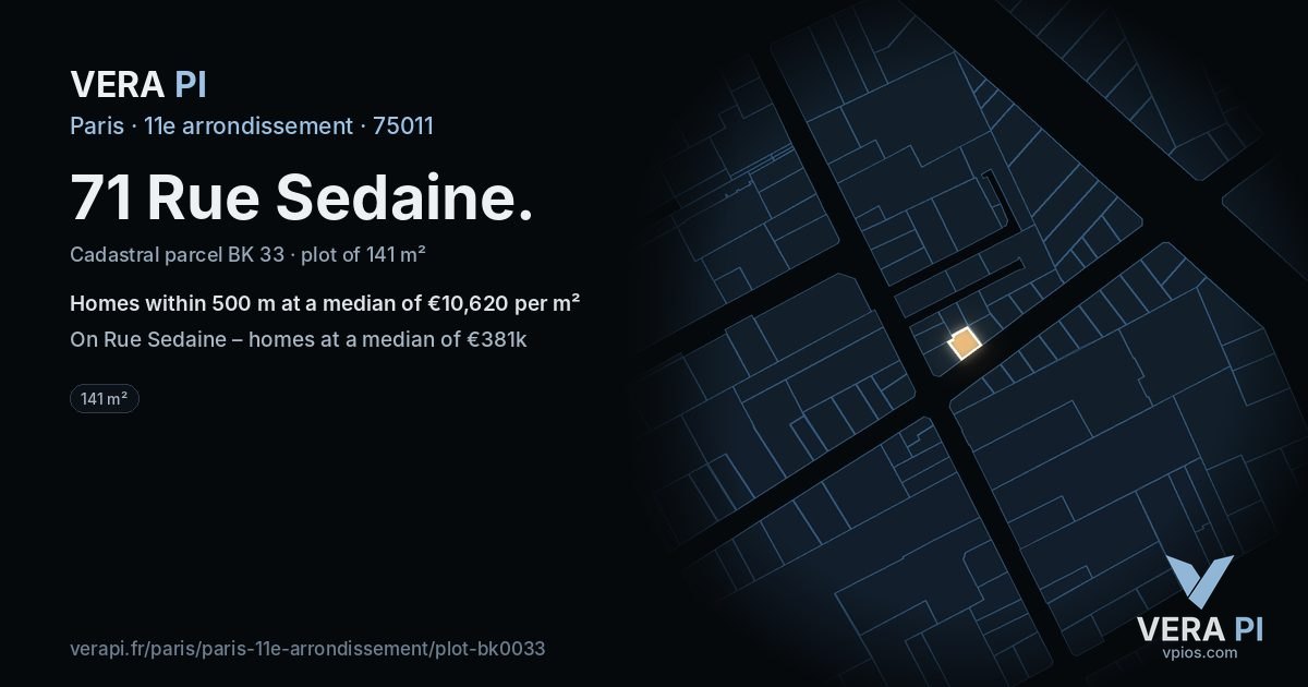 71 Rue Sedaine, 11e arrondissement at night – the plot lit, the parcels around coloured by the prices near them