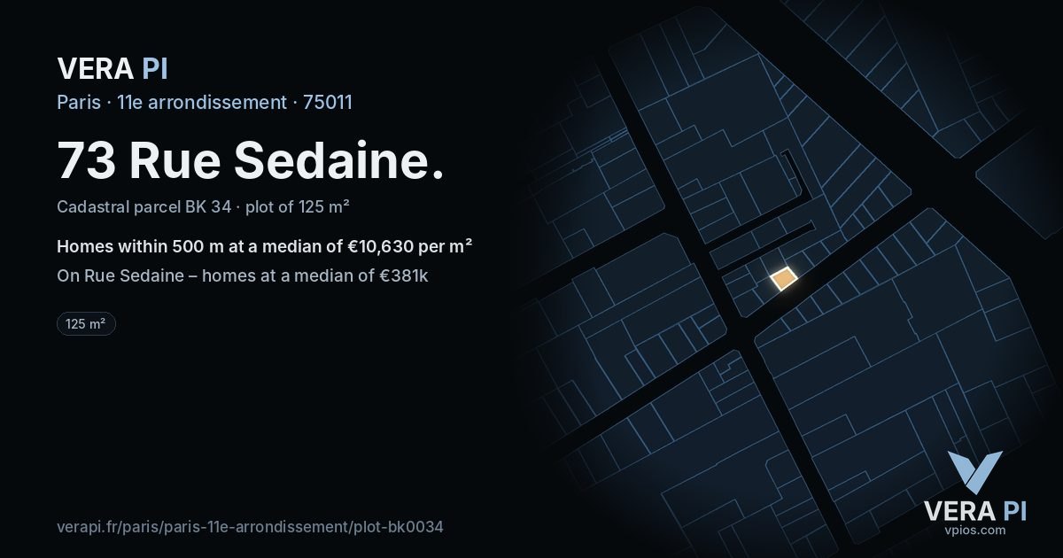 73 Rue Sedaine, 11e arrondissement at night – the plot lit, the parcels around coloured by the prices near them
