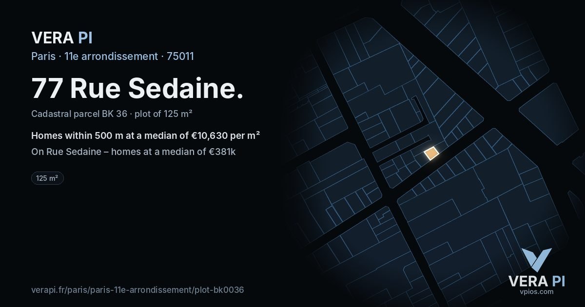 77 Rue Sedaine, 11e arrondissement at night – the plot lit, the parcels around coloured by the prices near them