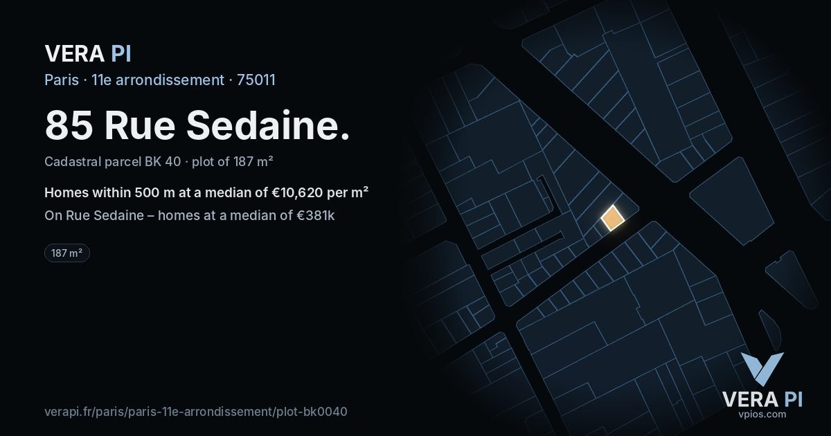 85 Rue Sedaine, 11e arrondissement at night – the plot lit, the parcels around coloured by the prices near them