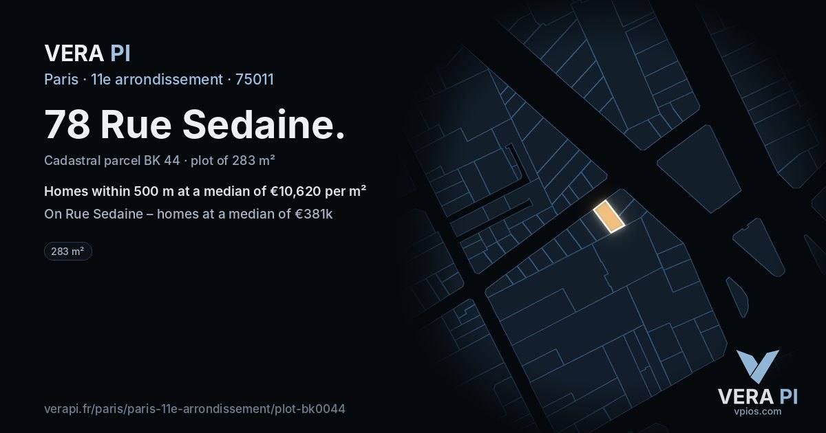 78 Rue Sedaine, 11e arrondissement at night – the plot lit, the parcels around coloured by the prices near them