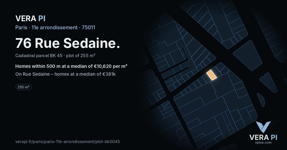 76 Rue Sedaine, 11e arrondissement at night – the plot lit, the parcels around coloured by the prices near them
