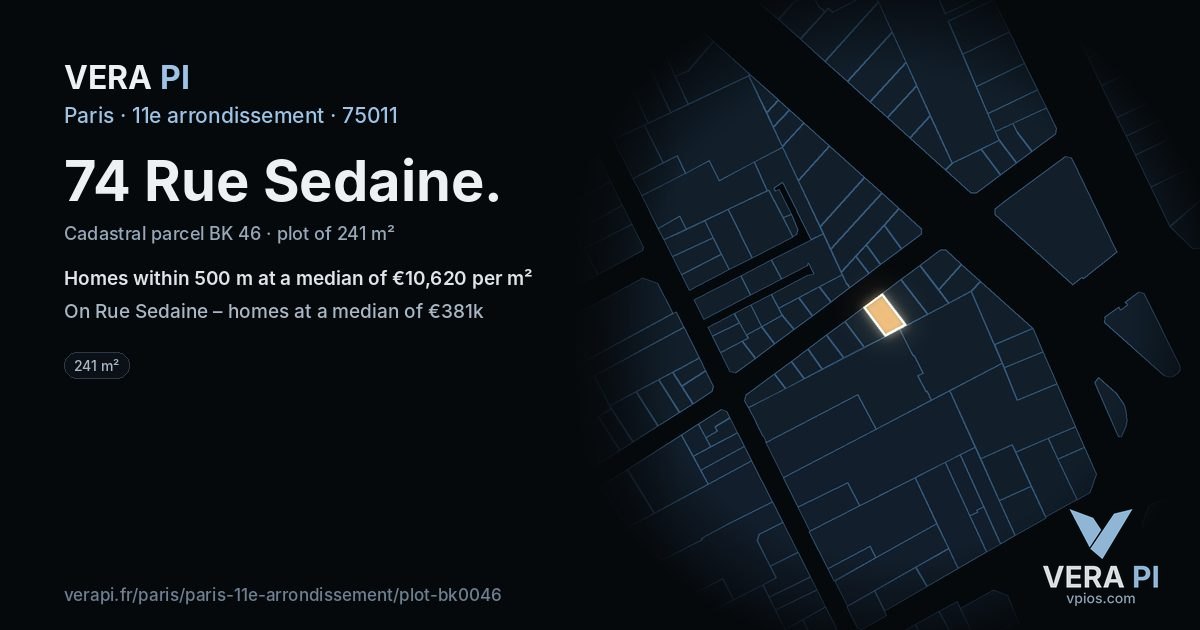 74 Rue Sedaine, 11e arrondissement at night – the plot lit, the parcels around coloured by the prices near them
