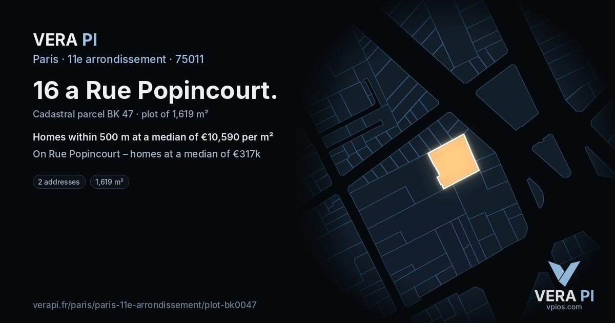 16 a Rue Popincourt, 11e arrondissement at night – the plot lit, the parcels around coloured by the prices near them