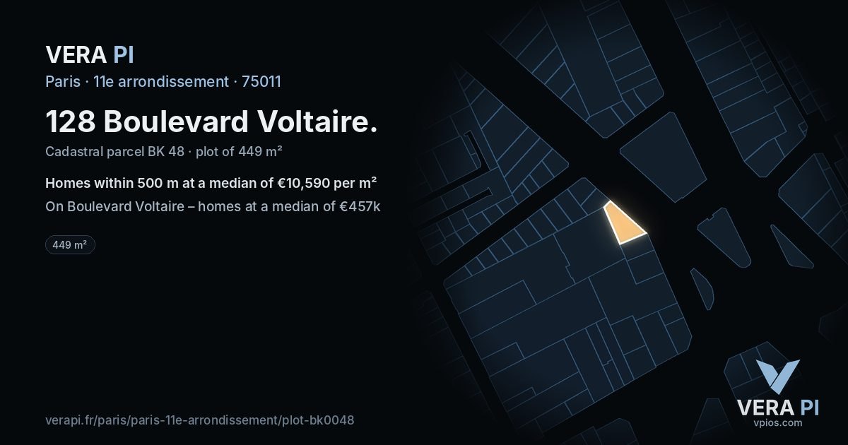 128 Boulevard Voltaire, 11e arrondissement at night – the plot lit, the parcels around coloured by the prices near them