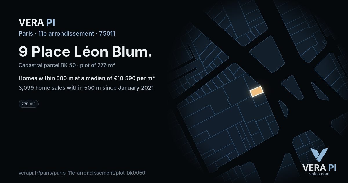 9 Place Léon Blum, 11e arrondissement at night – the plot lit, the parcels around coloured by the prices near them
