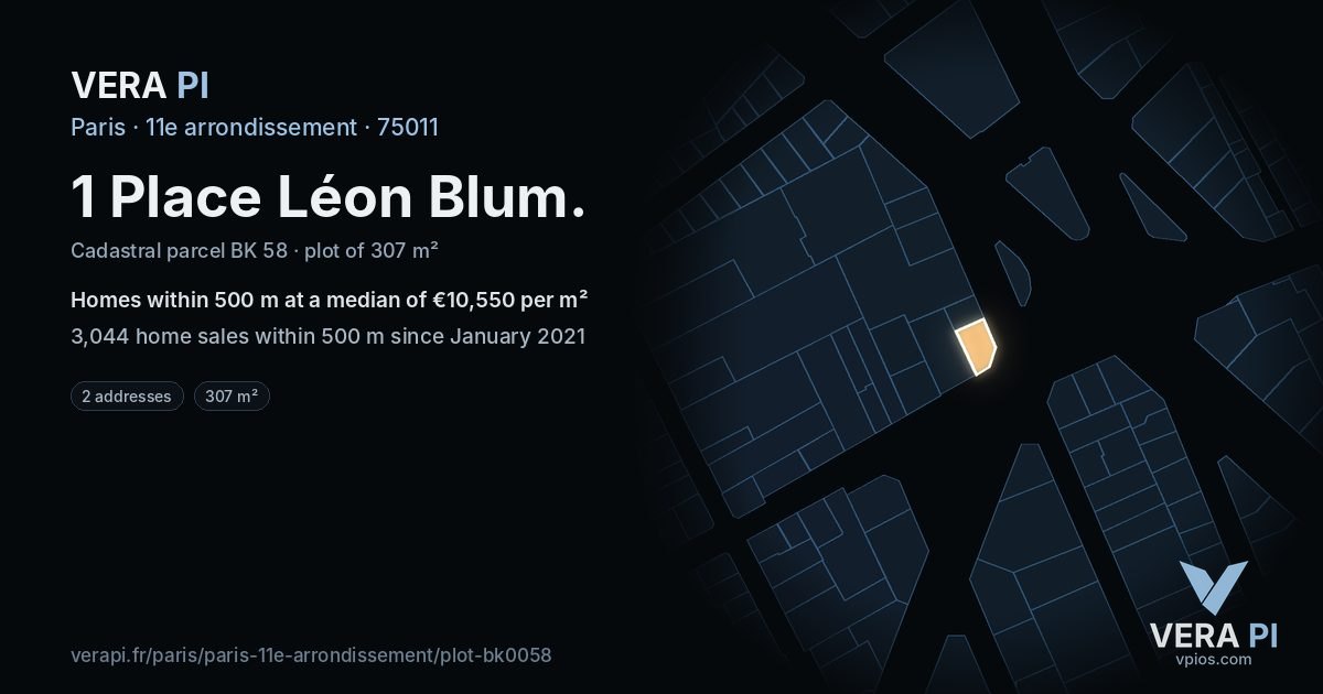 1 Place Léon Blum, 11e arrondissement at night – the plot lit, the parcels around coloured by the prices near them