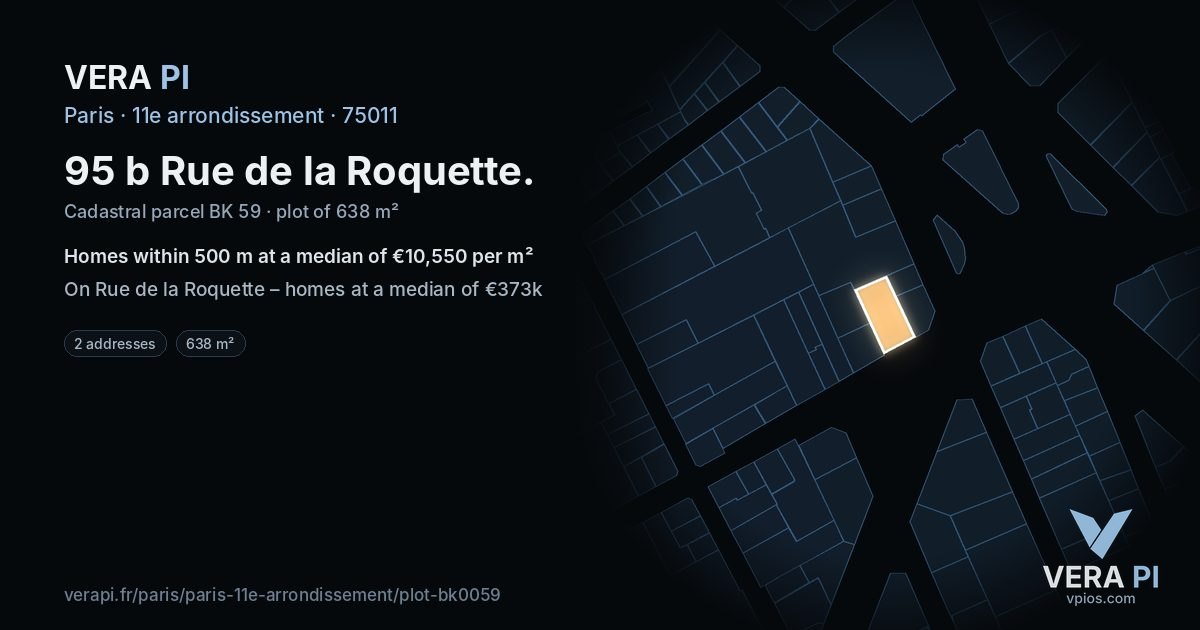 95 b Rue de la Roquette, 11e arrondissement at night – the plot lit, the parcels around coloured by the prices near them