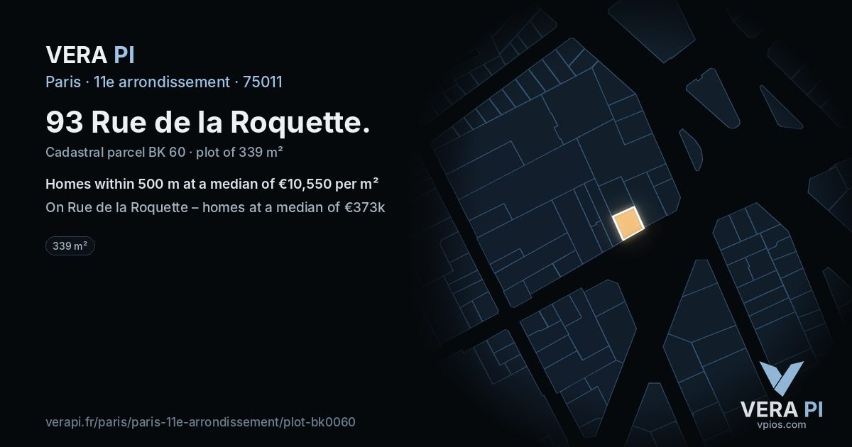 93 Rue de la Roquette, 11e arrondissement at night – the plot lit, the parcels around coloured by the prices near them