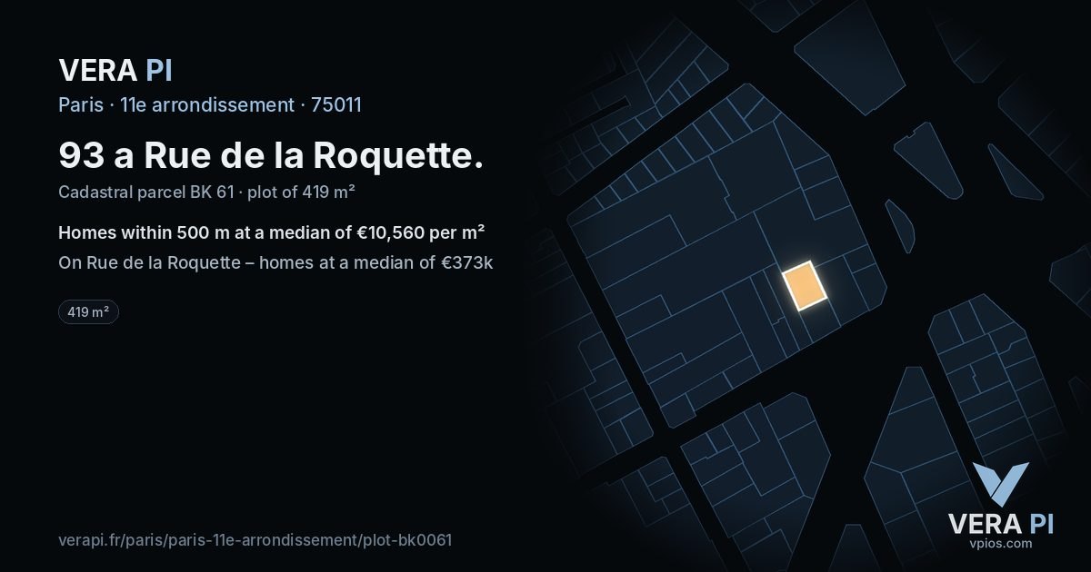 93 a Rue de la Roquette, 11e arrondissement at night – the plot lit, the parcels around coloured by the prices near them