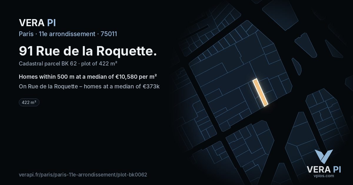 91 Rue de la Roquette, 11e arrondissement at night – the plot lit, the parcels around coloured by the prices near them