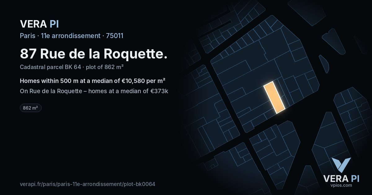 87 Rue de la Roquette, 11e arrondissement at night – the plot lit, the parcels around coloured by the prices near them