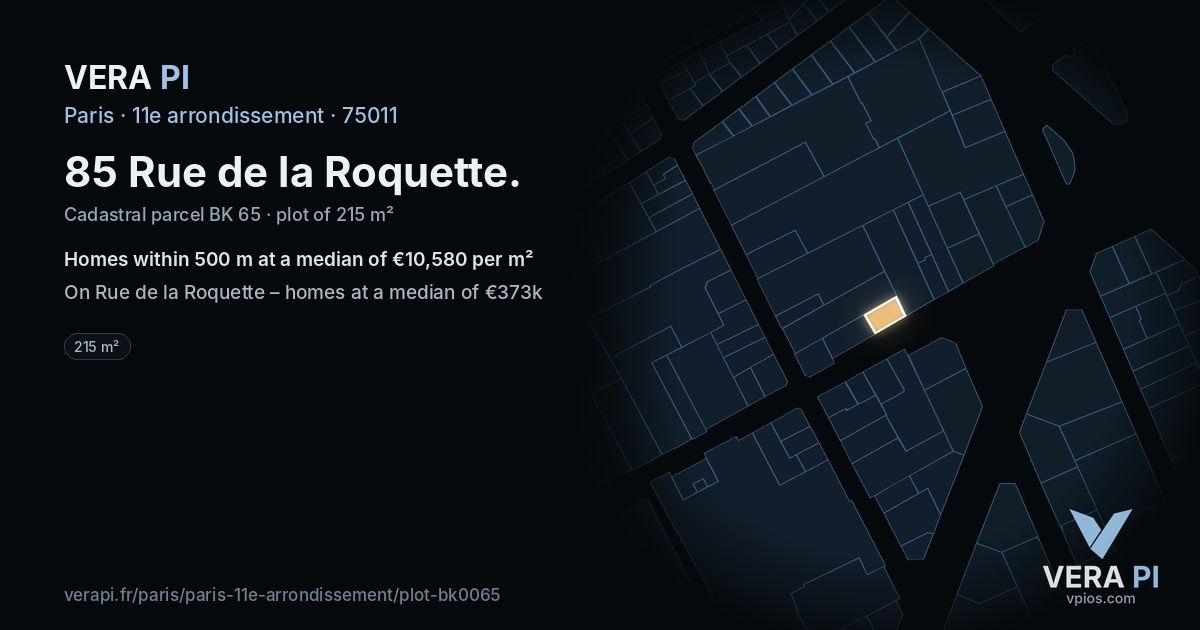 85 Rue de la Roquette, 11e arrondissement at night – the plot lit, the parcels around coloured by the prices near them