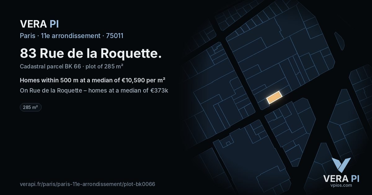 83 Rue de la Roquette, 11e arrondissement at night – the plot lit, the parcels around coloured by the prices near them