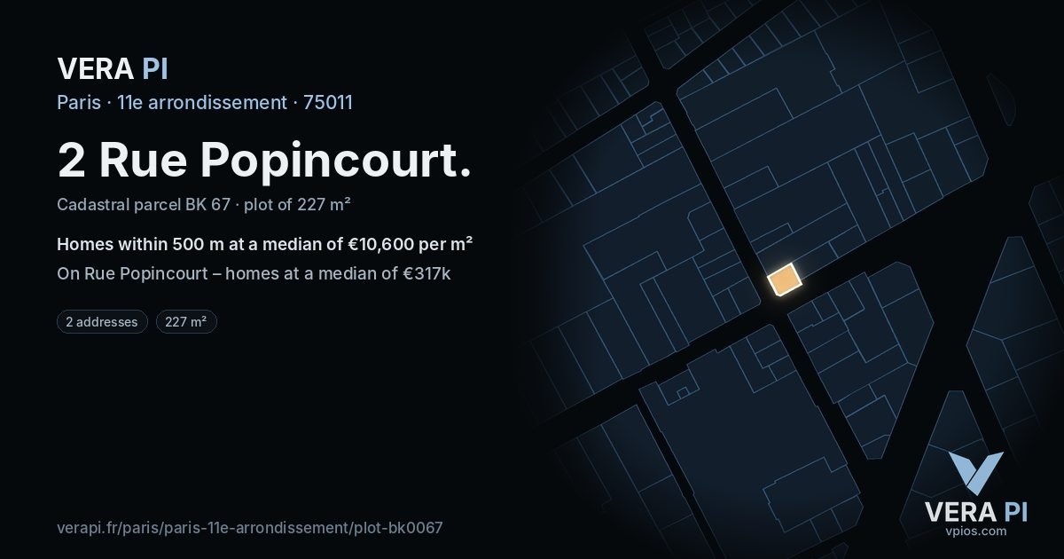 2 Rue Popincourt, 11e arrondissement at night – the plot lit, the parcels around coloured by the prices near them