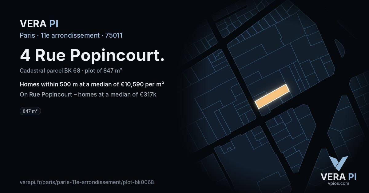 4 Rue Popincourt, 11e arrondissement at night – the plot lit, the parcels around coloured by the prices near them