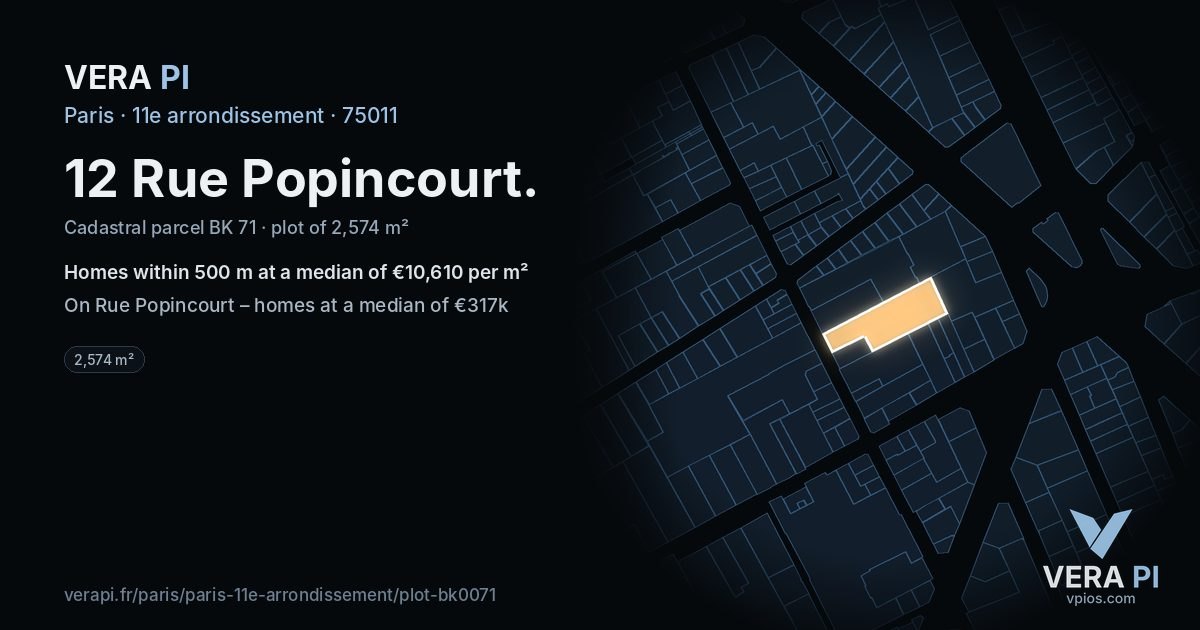 12 Rue Popincourt, 11e arrondissement at night – the plot lit, the parcels around coloured by the prices near them