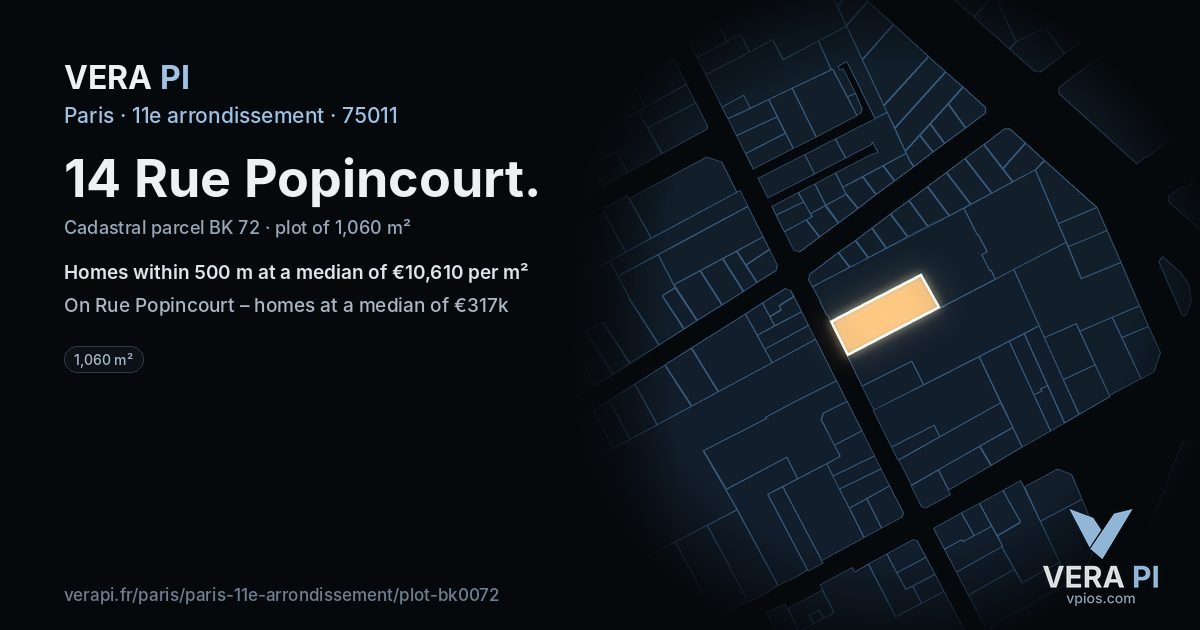 14 Rue Popincourt, 11e arrondissement at night – the plot lit, the parcels around coloured by the prices near them