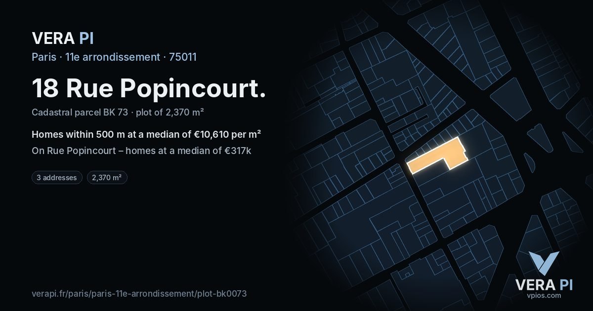18 Rue Popincourt, 11e arrondissement at night – the plot lit, the parcels around coloured by the prices near them