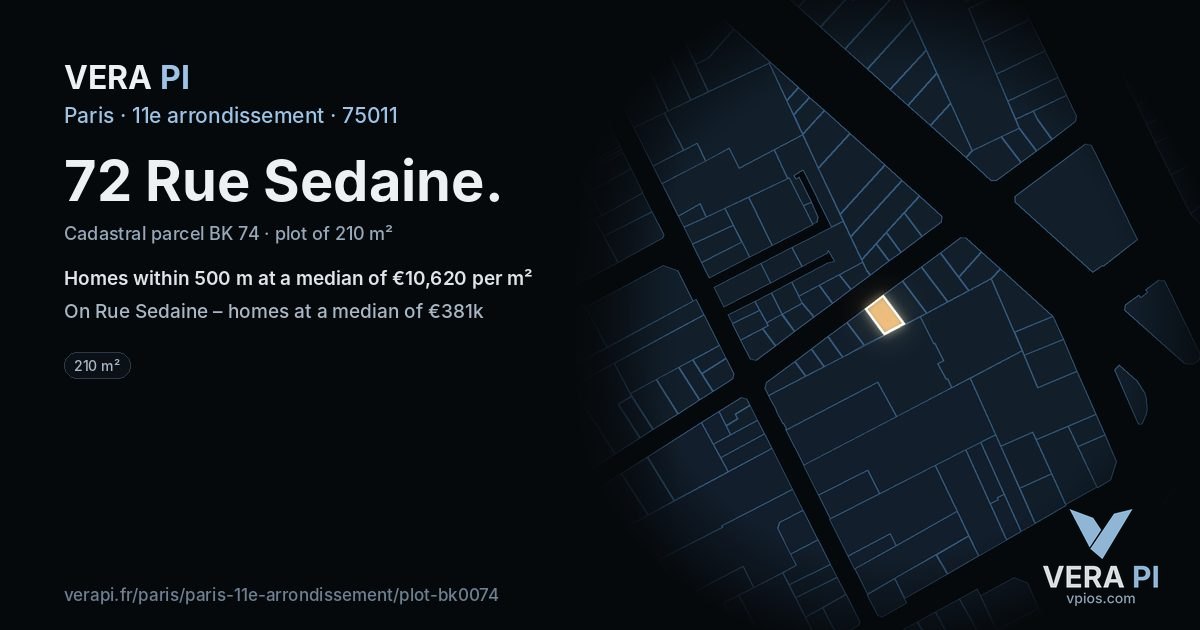 72 Rue Sedaine, 11e arrondissement at night – the plot lit, the parcels around coloured by the prices near them