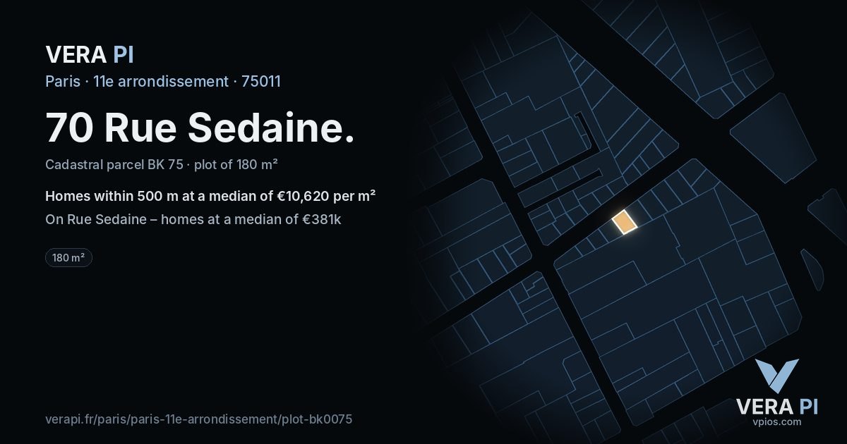 70 Rue Sedaine, 11e arrondissement at night – the plot lit, the parcels around coloured by the prices near them