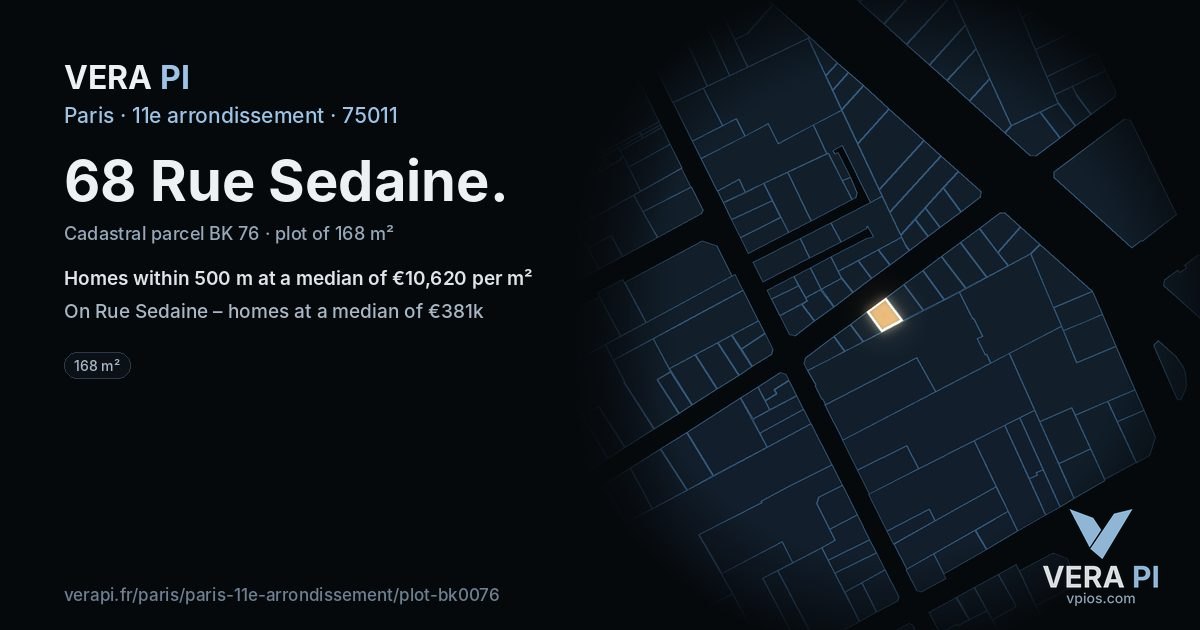 68 Rue Sedaine, 11e arrondissement at night – the plot lit, the parcels around coloured by the prices near them